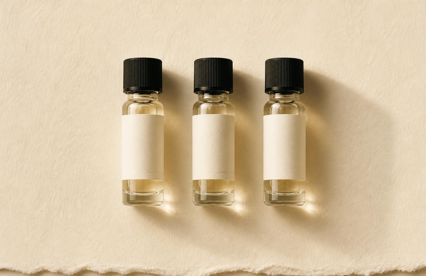 Three small glass vials of personalized fragrance oil on ivory paper