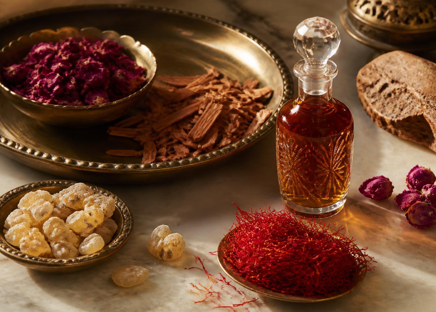 Rare perfumery materials including rose petals, sandalwood, resins and saffron