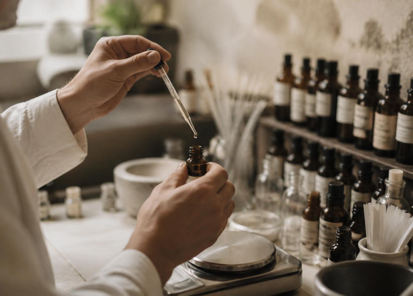 A perfumer blending fragrance oil by hand with a pipette and precision scale